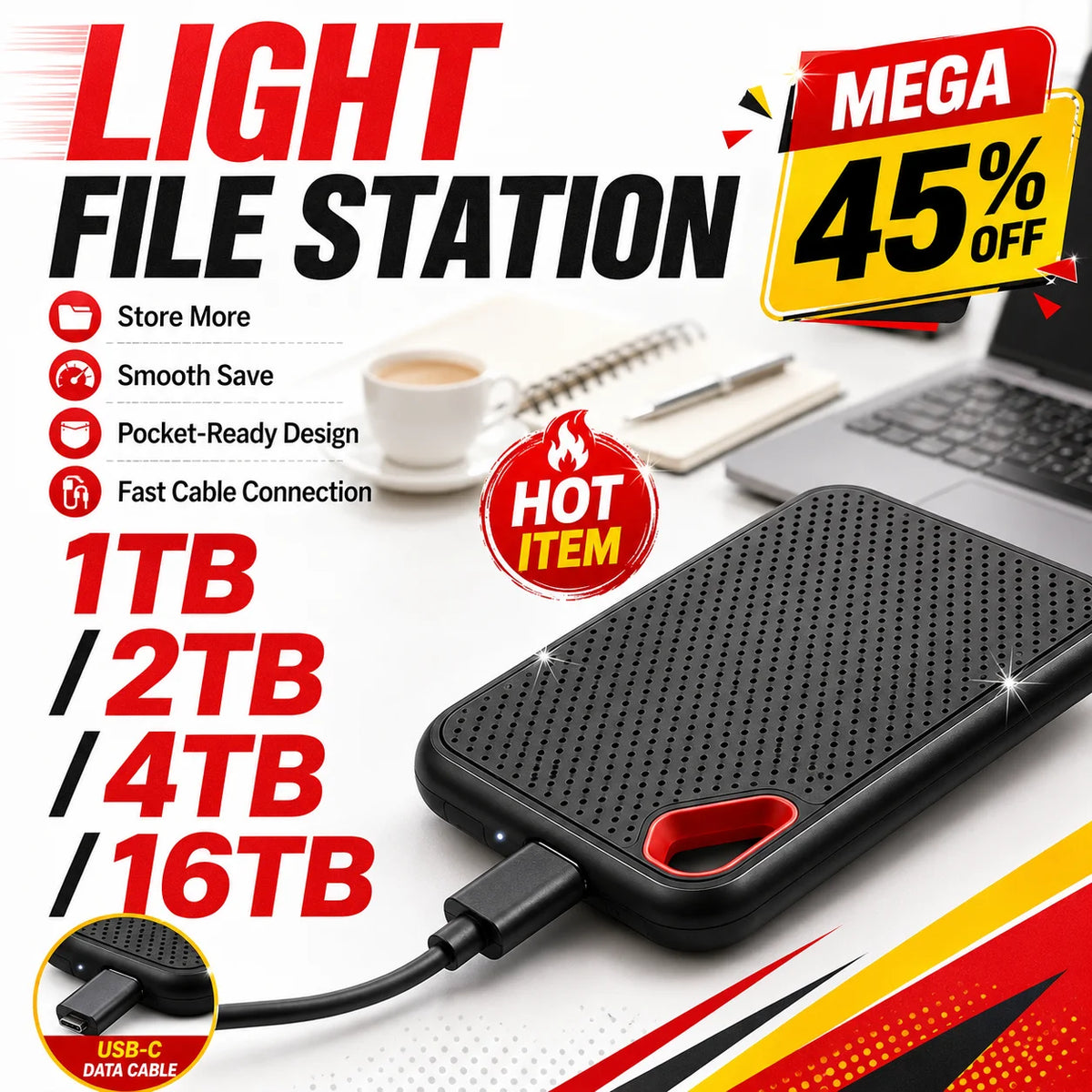 Corporación Turística 1TB external SSD drive with USB 3.1 port for fast data transfer on PC and Mac.