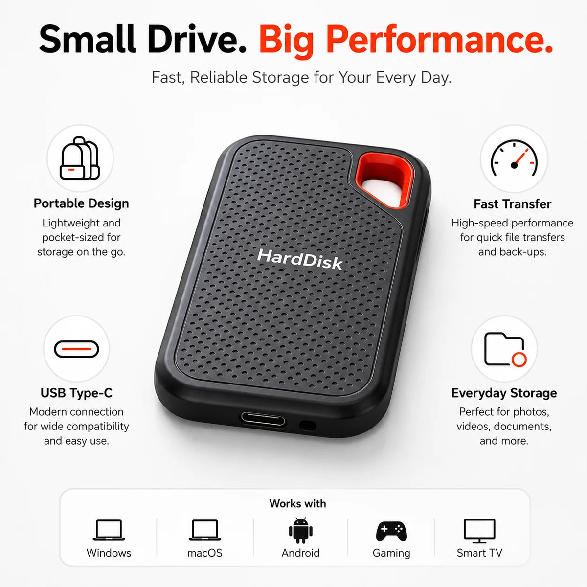 Corporación Turística 1TB USB 3.1 external SSD for fast data storage, compatible with PC and Mac computers.