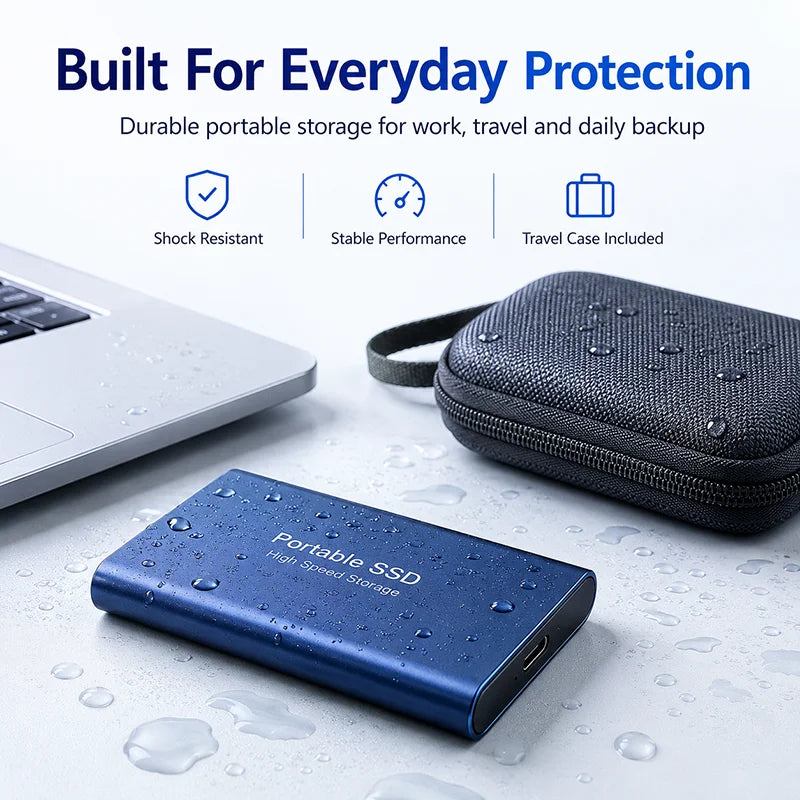 Corporación Turística portable SSD drive with USB 3.1, available in 1TB and 2TB, showing sleek black exterior and USB connector.