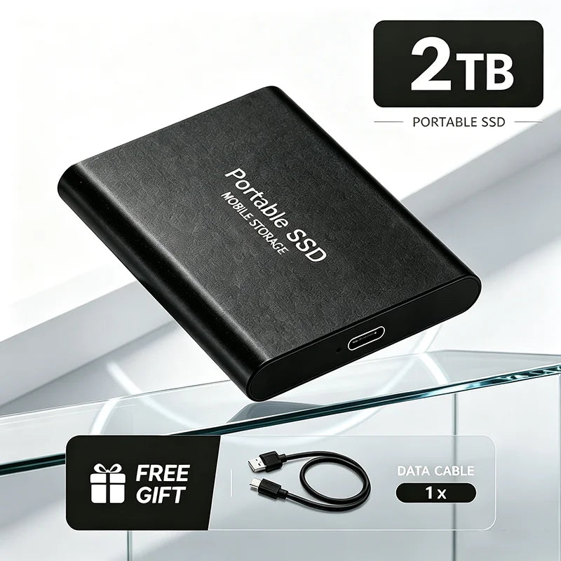 Corporación Turística portable SSD with 1TB or 2TB USB 3.1 external drive, compact and suitable for fast mobile storage.