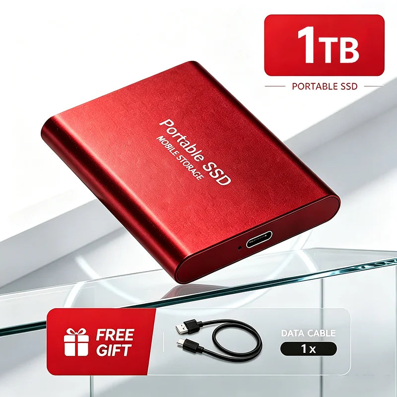 Corporación Turística portable SSD 1TB/2TB external hard drive with USB 3.1 interface for fast mobile storage.