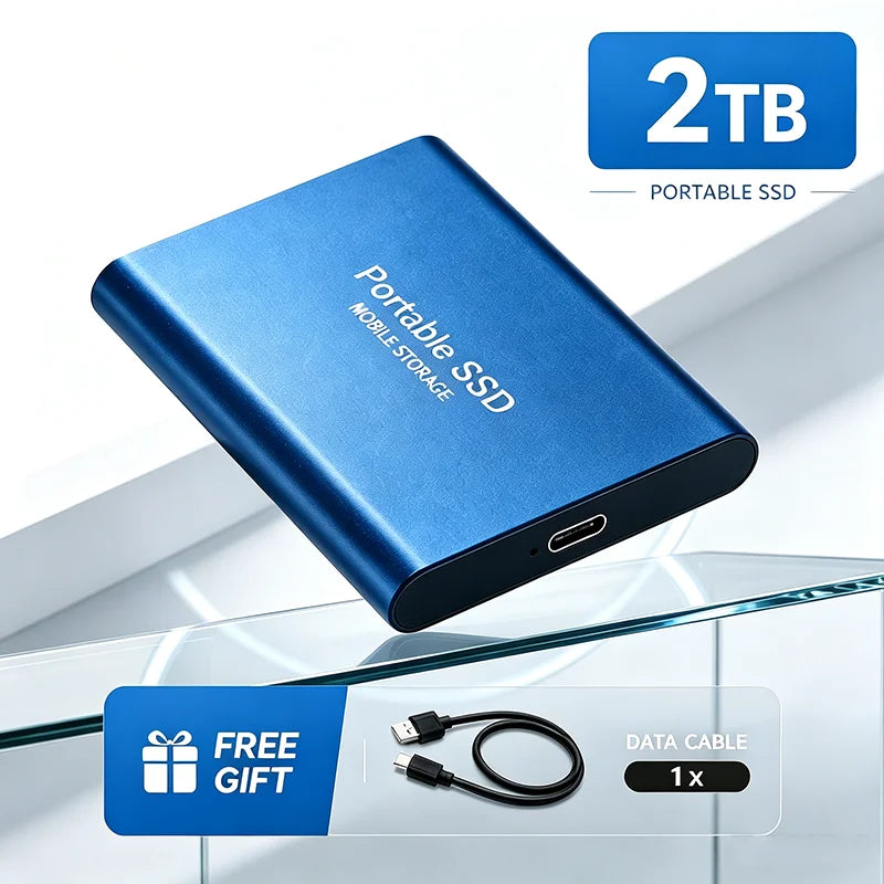 Portable SSD from Corporación Turística with 1TB or 2TB capacity, USB 3.1 external hard drive for fast mobile storage.