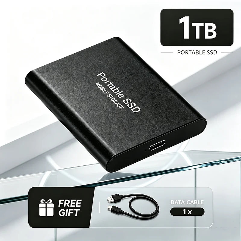 Corporación Turística portable SSD external drive in black, 1TB or 2TB USB 3.1 storage device on a desk.