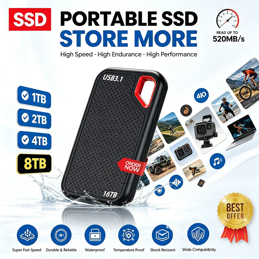 Portable 128TB SSD by Corporación Turística featuring USB 3.2 for high-speed, reliable external storage with fast data transfer.