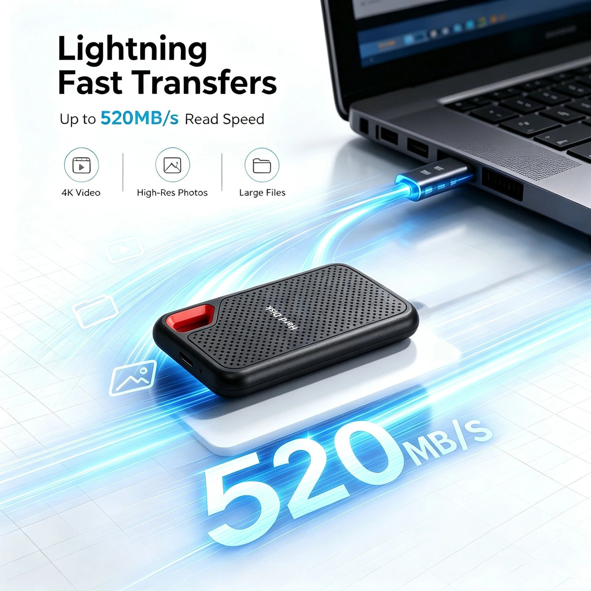 Corporación Turística portable 128TB SSD external drive with USB 3.2, high performance and fast storage.