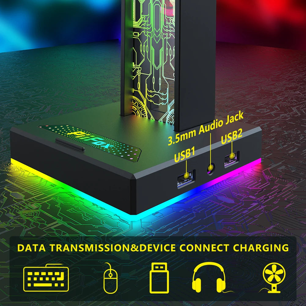 Gaming RGB headphone stand with 10 lighting modes, USB and 3.5mm audio ports, by Corporación Turística.