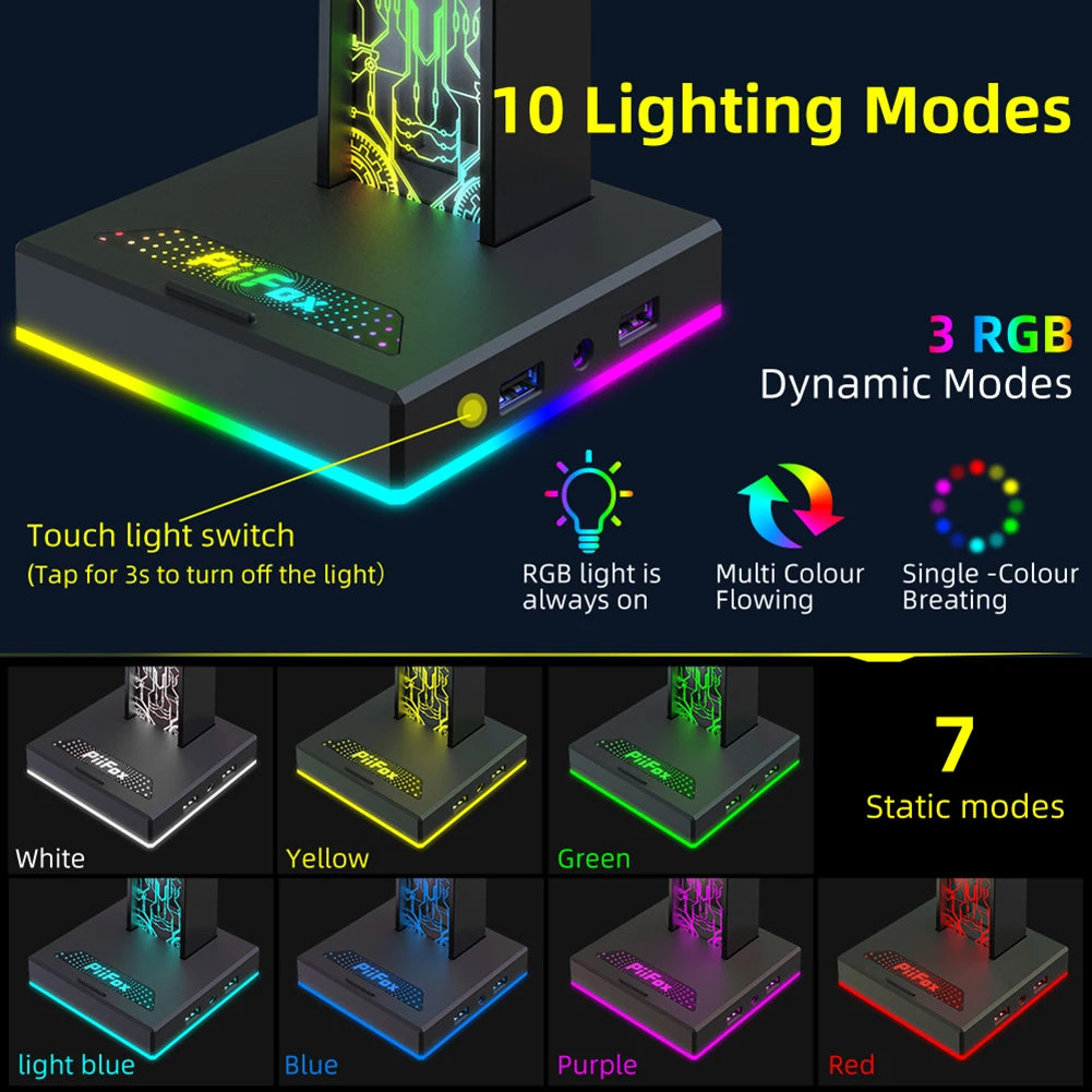 Gaming RGB headphone stand with 10 lighting modes, USB and 3.5mm connection, designed for electronic audio accessories.