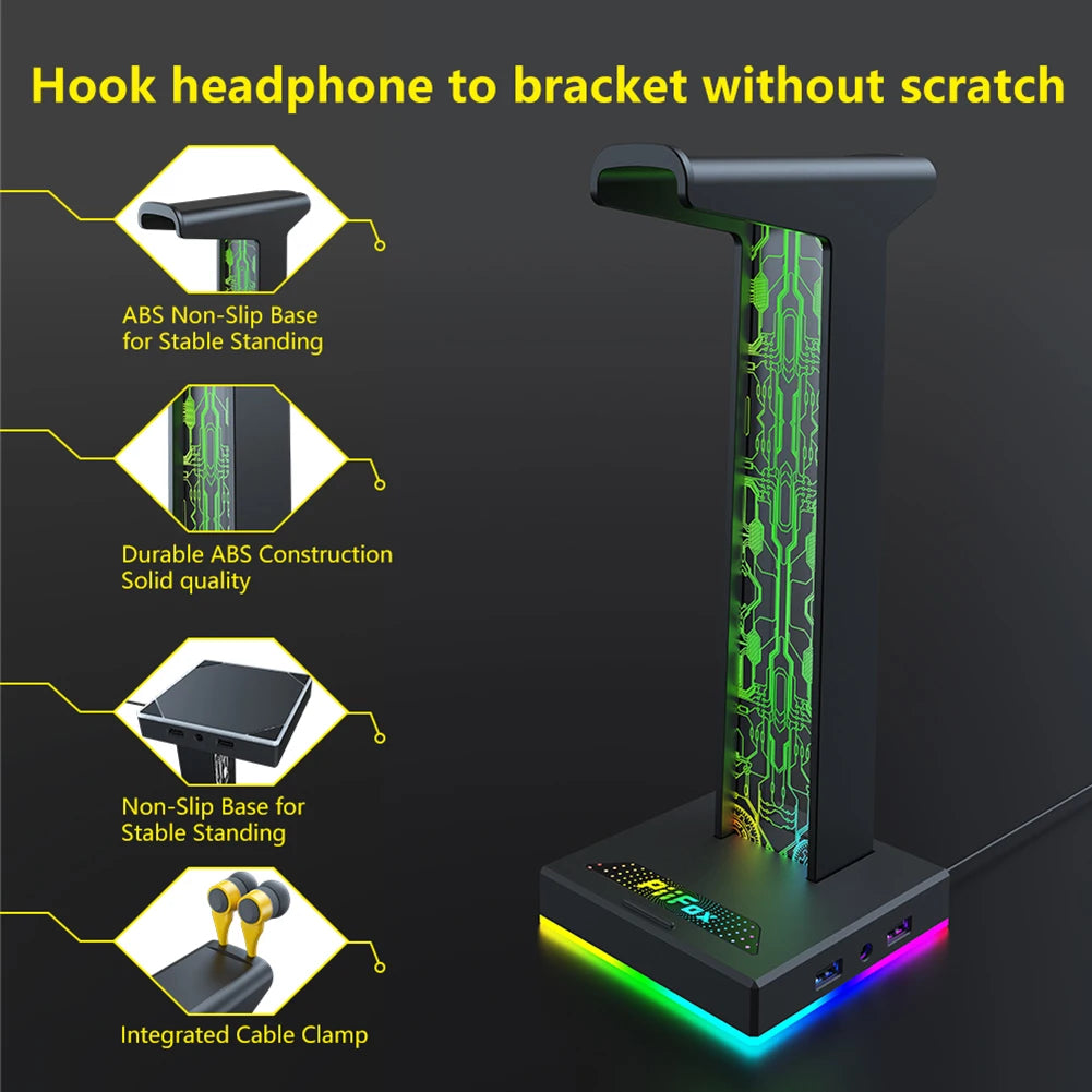 Gaming RGB headphone stand with 10 light modes, USB and 3.5mm ports, featuring a sleek design for electronic audio accessories.
