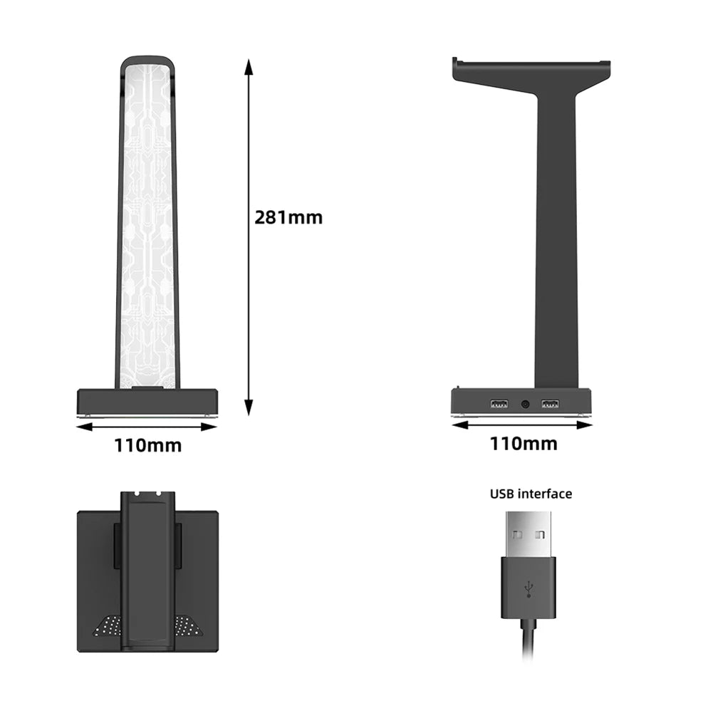 Gaming RGB headphone stand with 10 lighting modes, USB and 3.5mm connections, designed for electronic audio accessories.