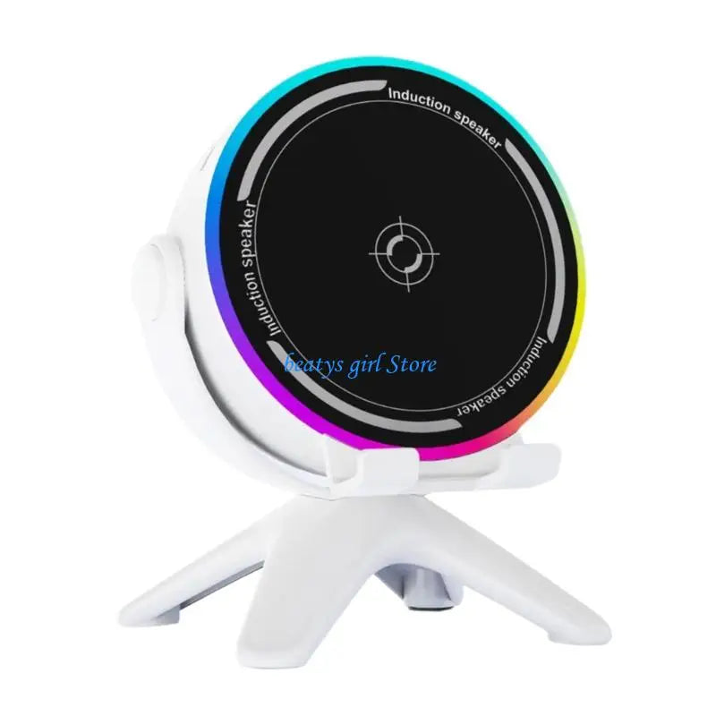White Corporación Turística Altavoz Bluetooth C7AB with RGB lights and mobile support, showcasing its compact design and connectivity features.