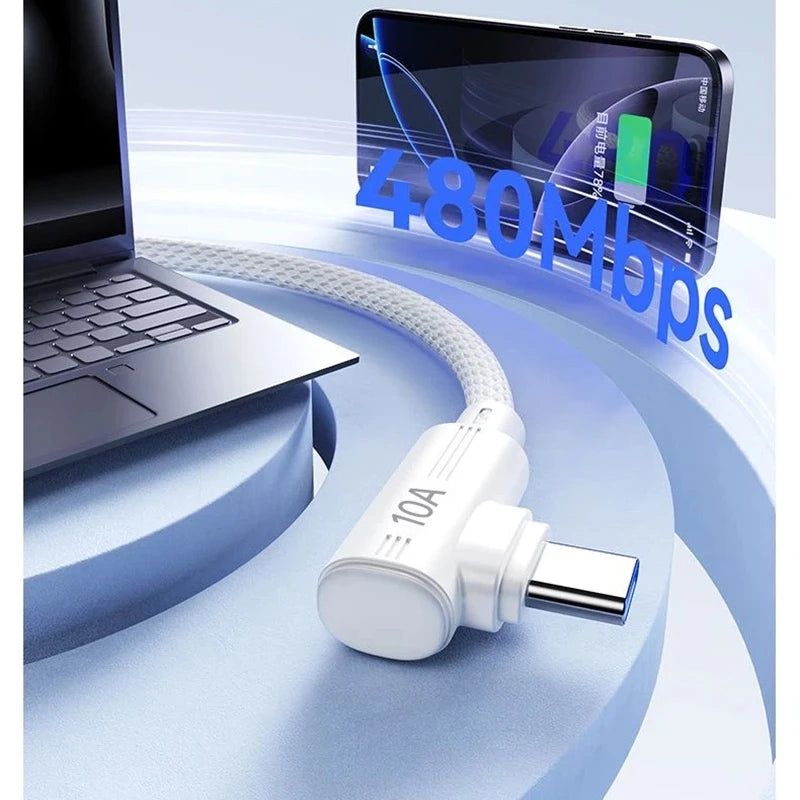 Black USB-C cable 240W with 90-degree connector, compatible with Samsung, Huawei, and iPhone for fast charging.