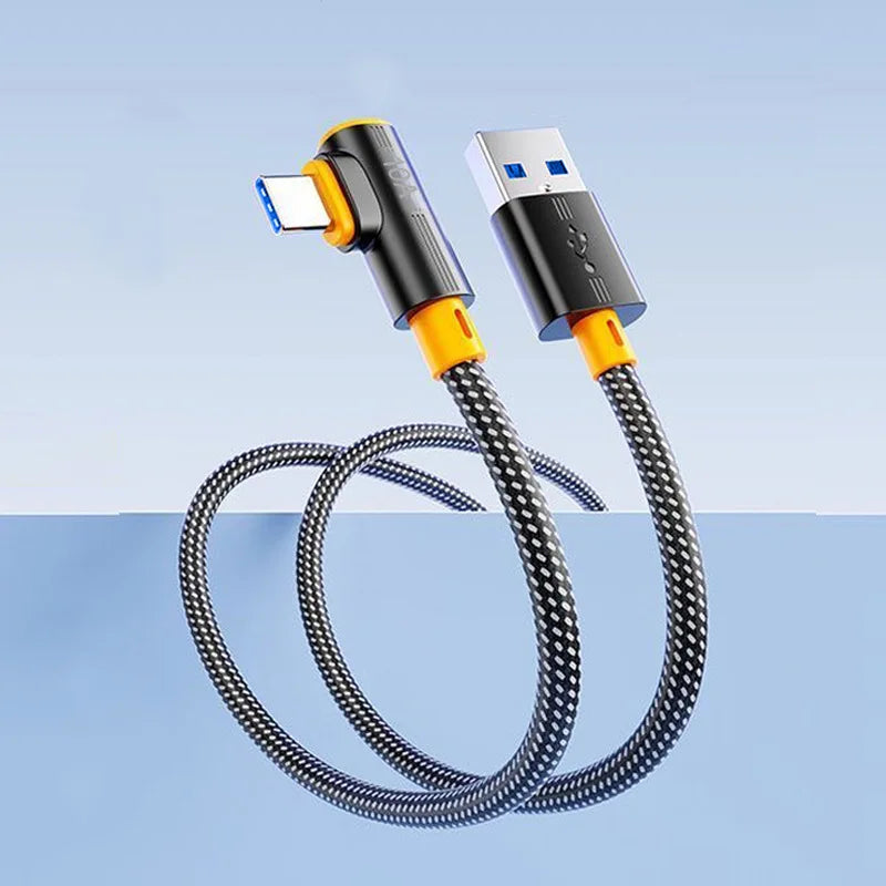 Black USB-C cable 240W 90° fast charging for Samsung, Huawei, and iPhone, 1.5 meters long, from Corporación Turística.
