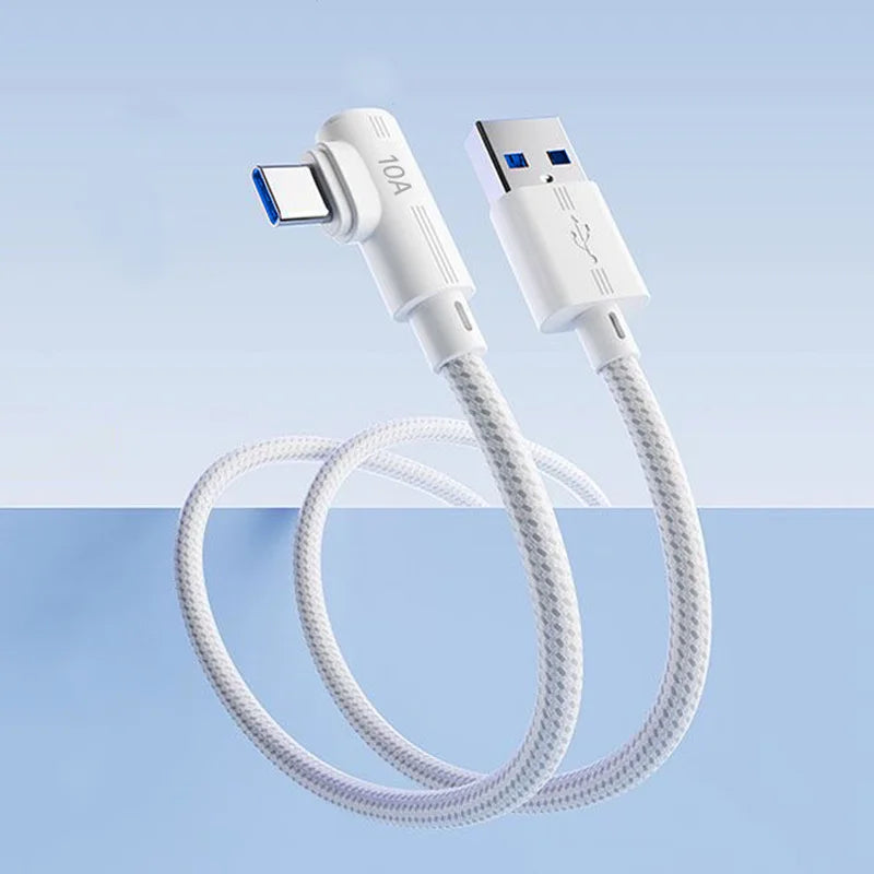 Black USB-C 240W charging cable with 90° angle, compatible with Samsung, Huawei, and iPhone, 1.5 meters long.