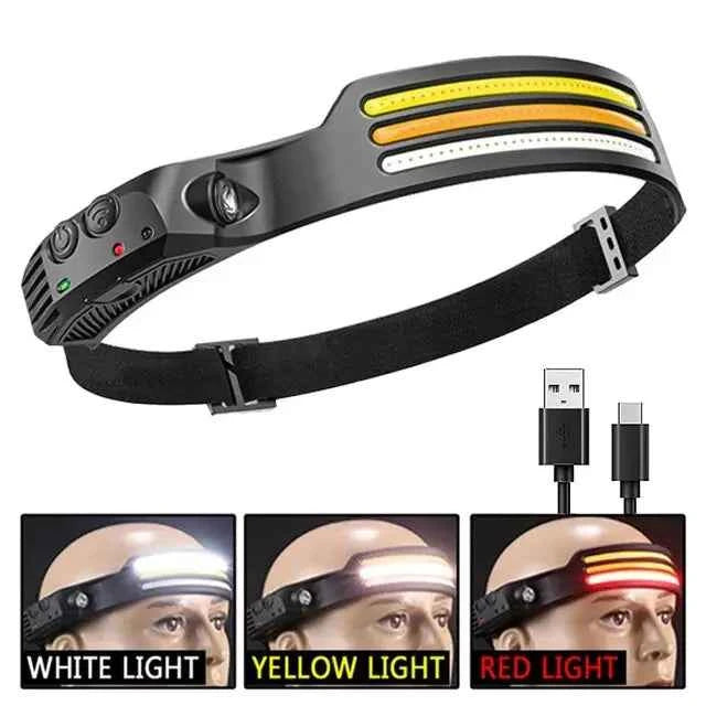 Two white LED COB rechargeable headlamps with motion sensor for outdoor use, featuring USB charging and adjustable straps.