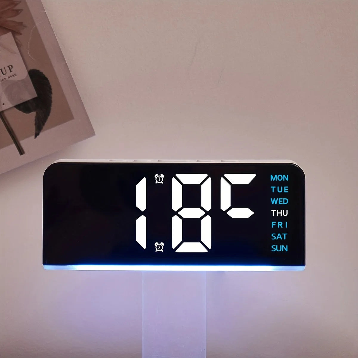 Corporación Turística LED ambient digital clock with date, USB, adjustable brightness, blue light, and alarm function.