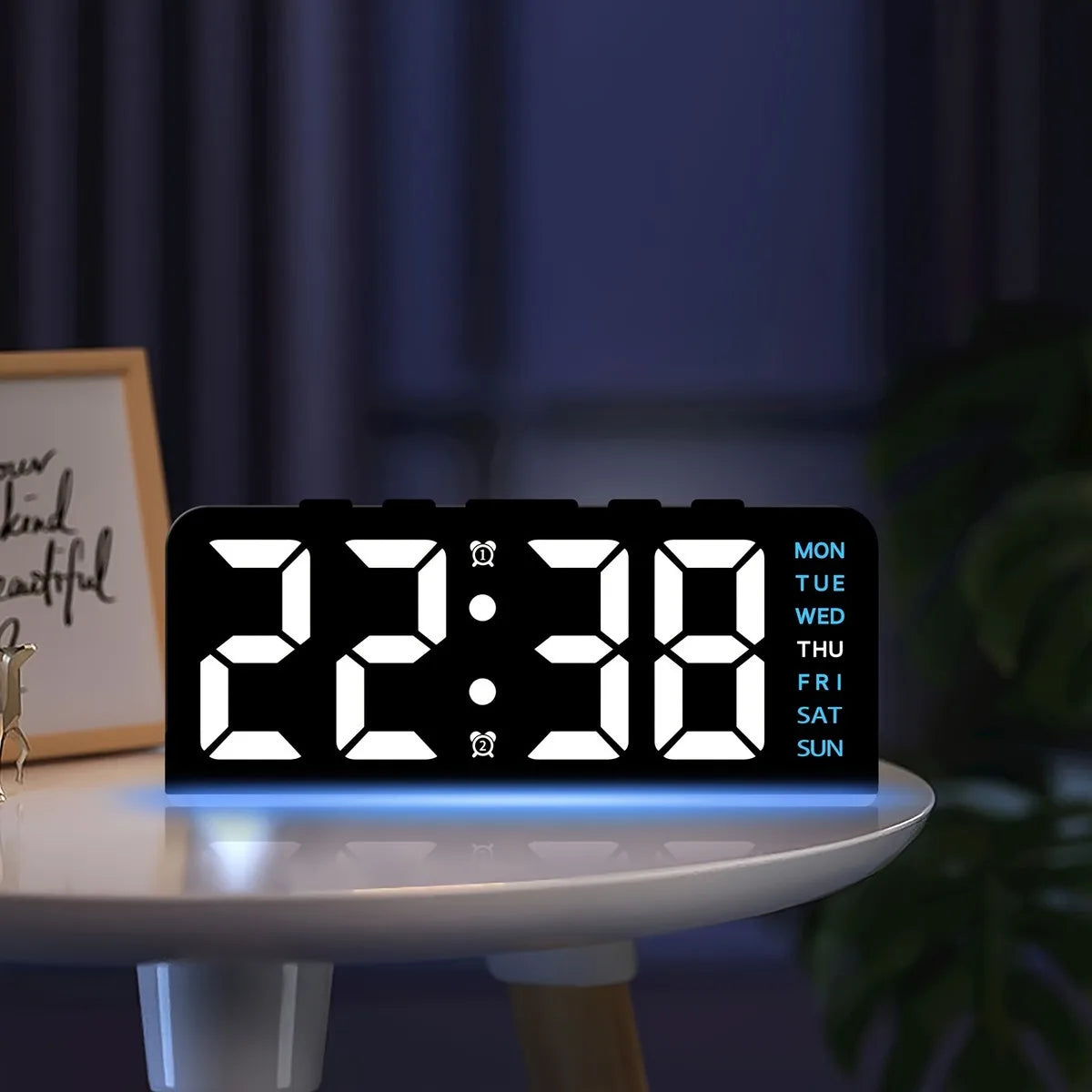 Corporación Turística LED digital alarm clock with adjustable brightness, USB power, blue light display, and date feature.