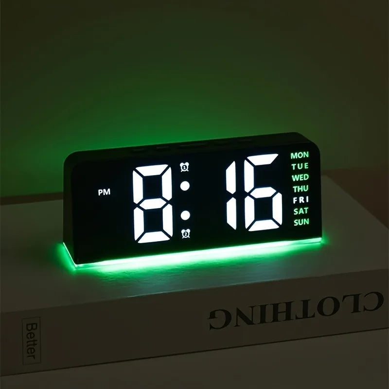 Digital LED ambient clock by Corporación Turística with adjustable brightness, USB power, and date display in a modern design.
