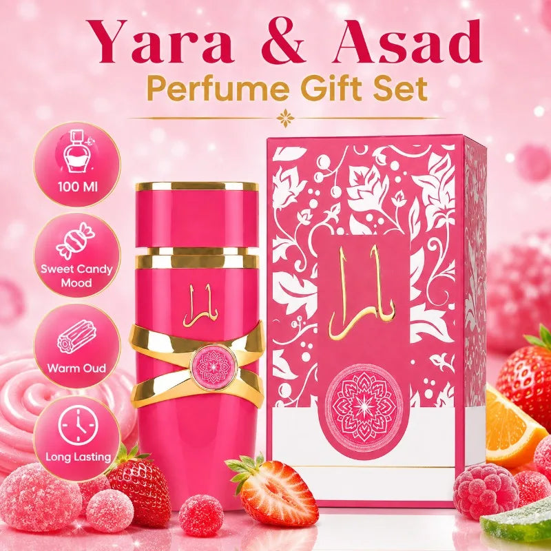 Yara & Asad Eau de Parfum 100ml unisex fragrance bottle with elegant design, showcasing exotic scent from Corporación Turística.