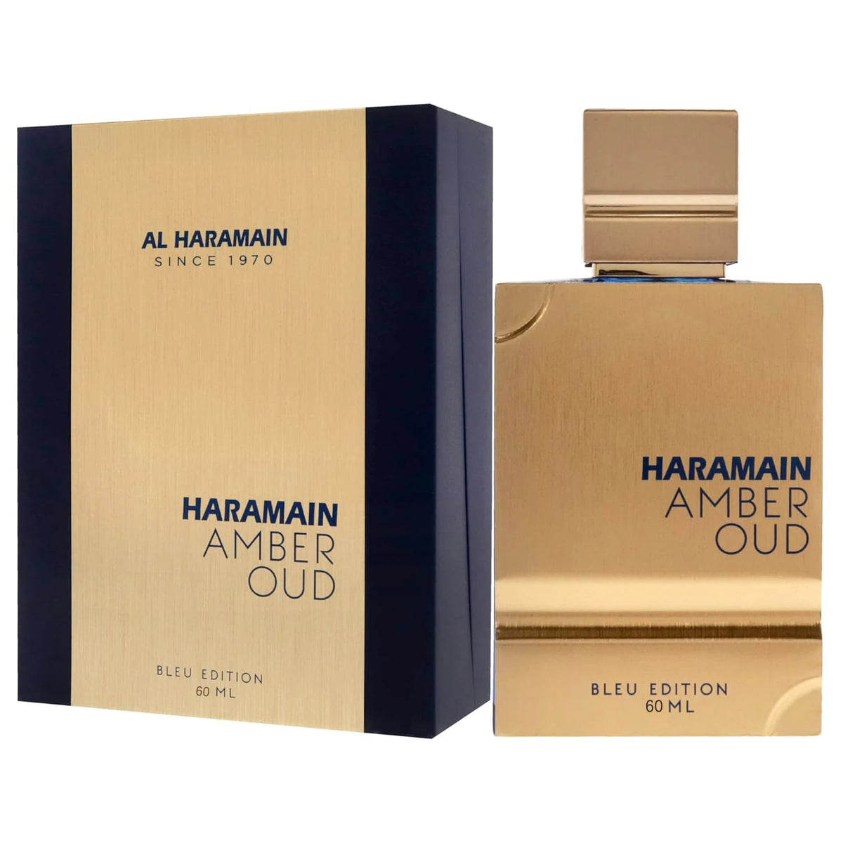 Al Haramain Amber Oud Blue Edition Eau De Parfum 60ml bottle, featuring elegant packaging and blue accents, on white background.