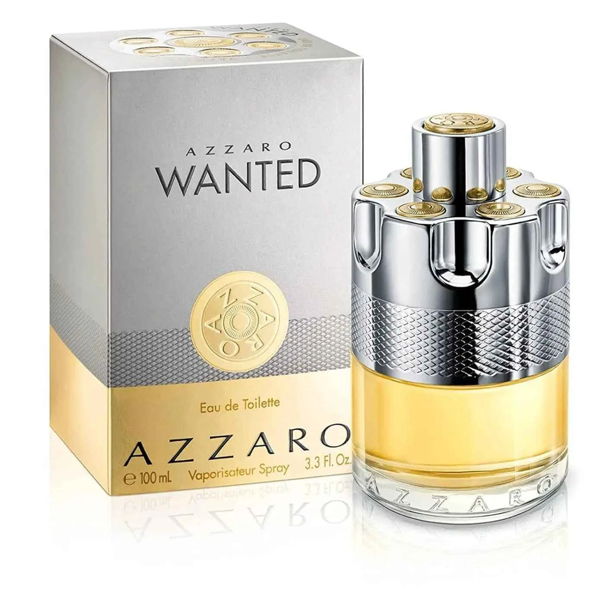 Azzaro Wanted Eau De Toilette Colonia Masculina Vibrant bottle, featuring sleek design and vibrant branding, on a neutral background.