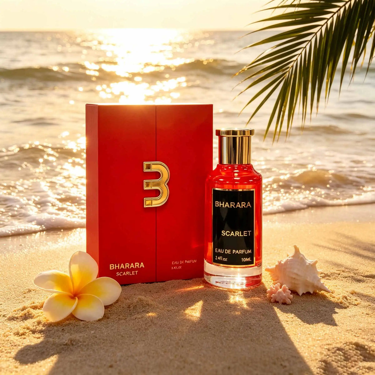 Bharara Scarlet EDP for Women by Corporación Turística, fruity oriental fragrance, elegant perfume bottle with red accents.