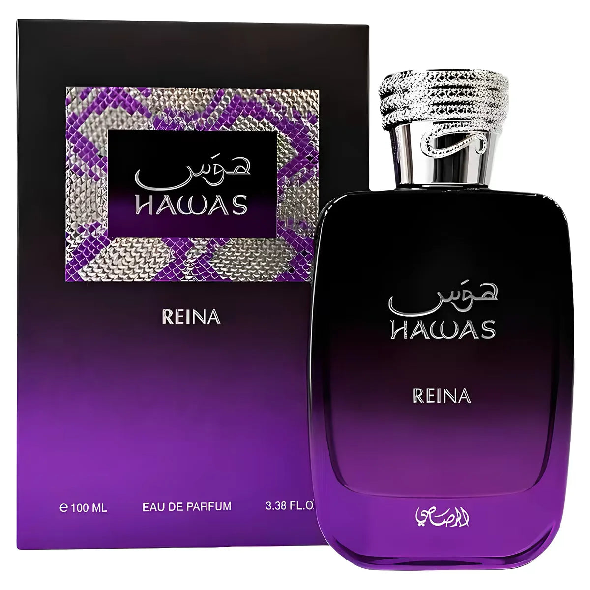 Hawas Reina perfume in a purple-black gradient glass bottle with a sleek, elegant design.