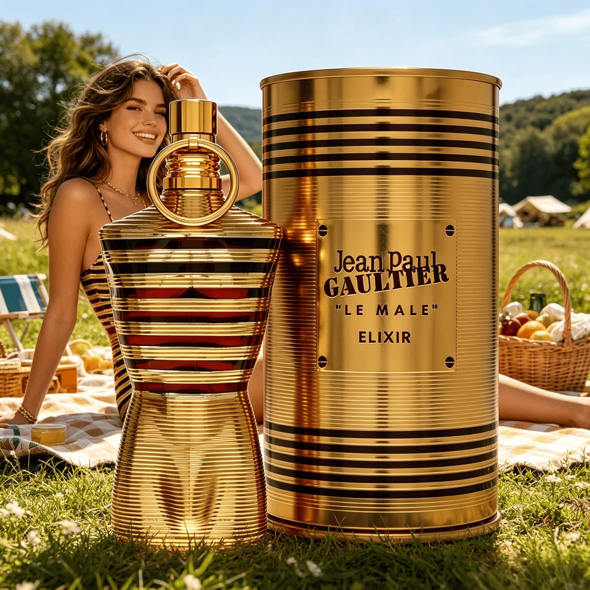 Unisex Jean Paul Gaultier Le Beau Elixir Parfum bottle with sleek design, showcasing the elegant perfume for men and women.