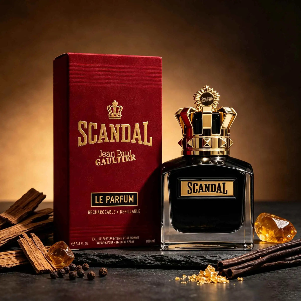 Jean Paul Gaultier Scandal Le Parfum bottle with deep, warm fragrance aroma, displayed against a neutral background.