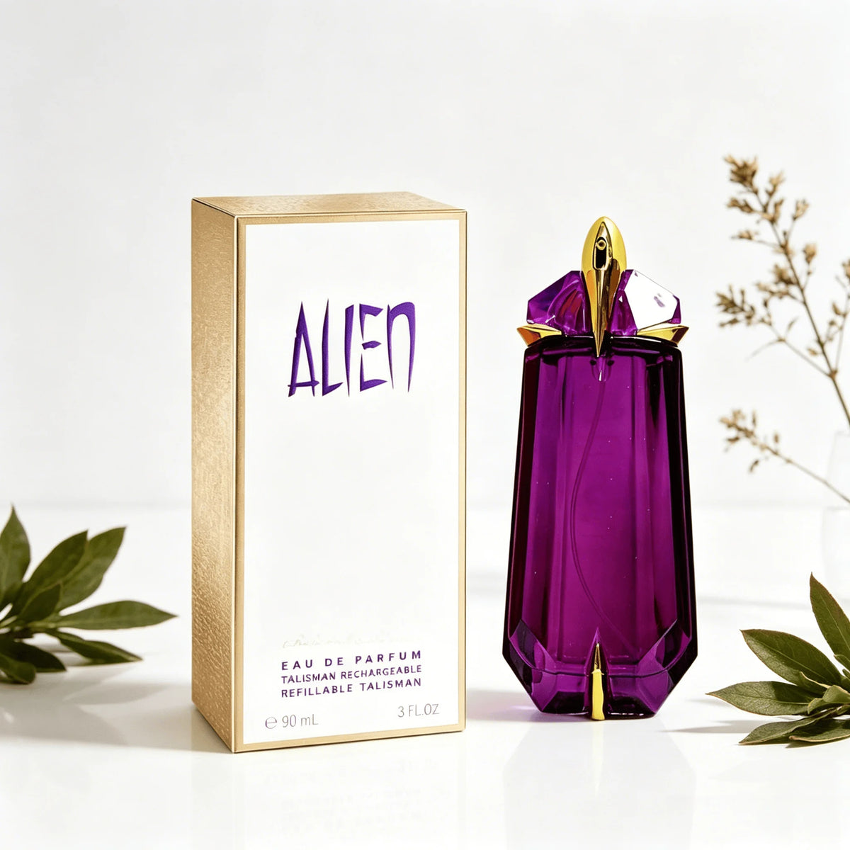 Mugler Alien Eau De Parfum 90ml bottle with rechargeable crystal glass design, elegant and modern fragrance container.