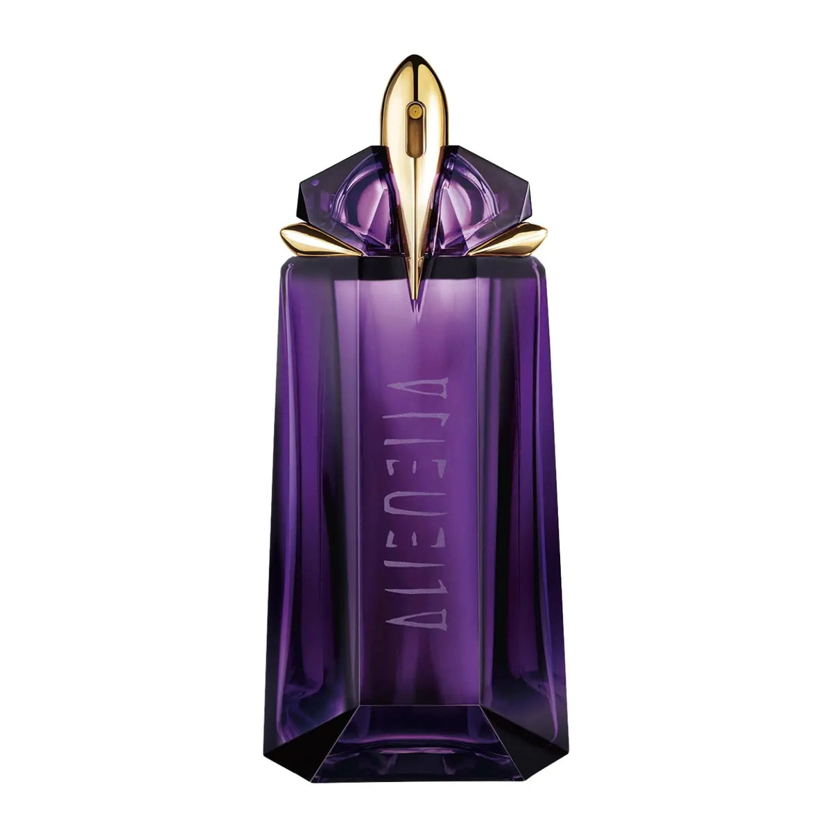 Mugler Alien Eau De Parfum 90ml bottle with rechargeable design, featuring a sleek, modern fragrance bottle by Corporación Turística.