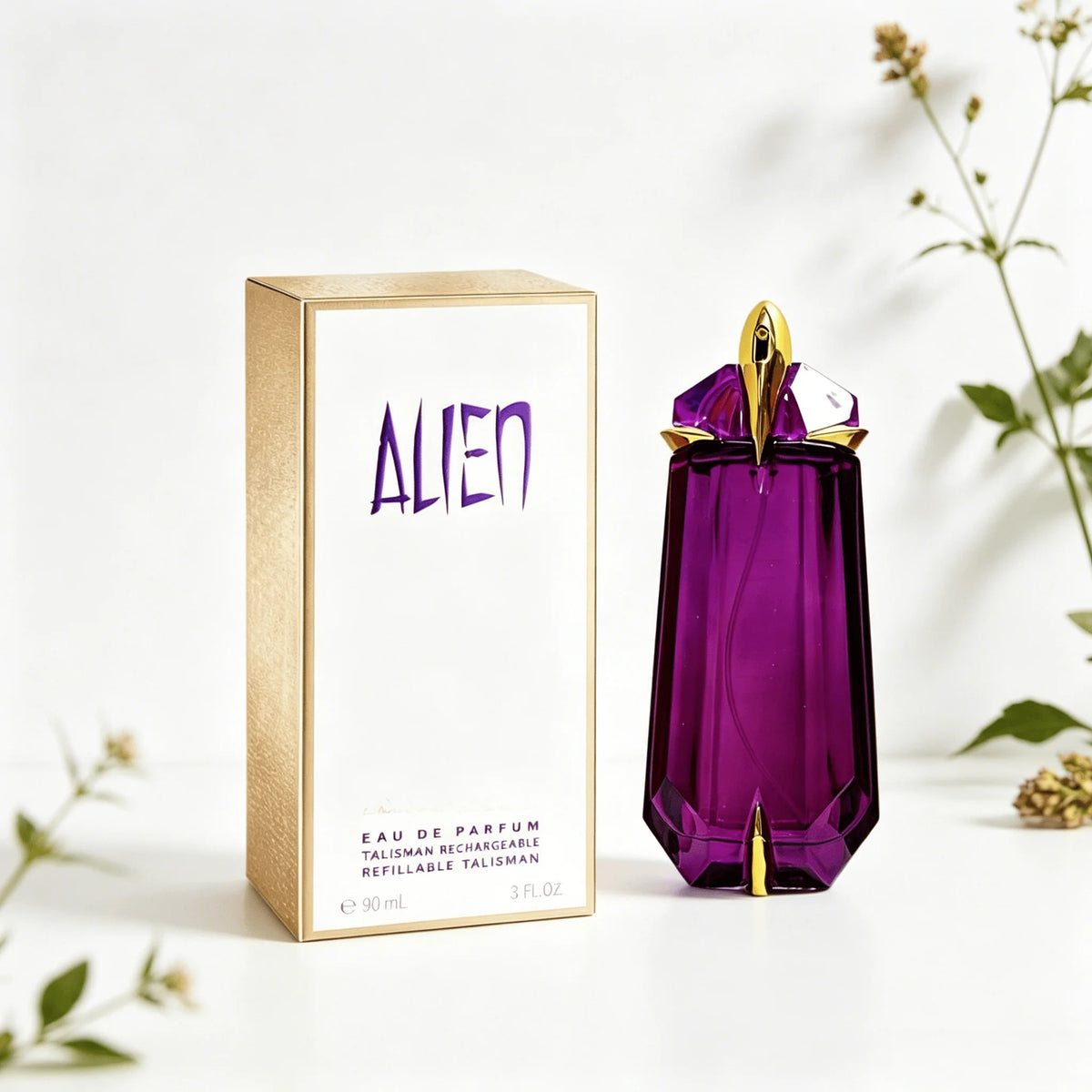 Mugler Alien Eau De Parfum 90ml with a sleek, rechargeable bottle, featuring a modern design and luxurious fragrance presentation.