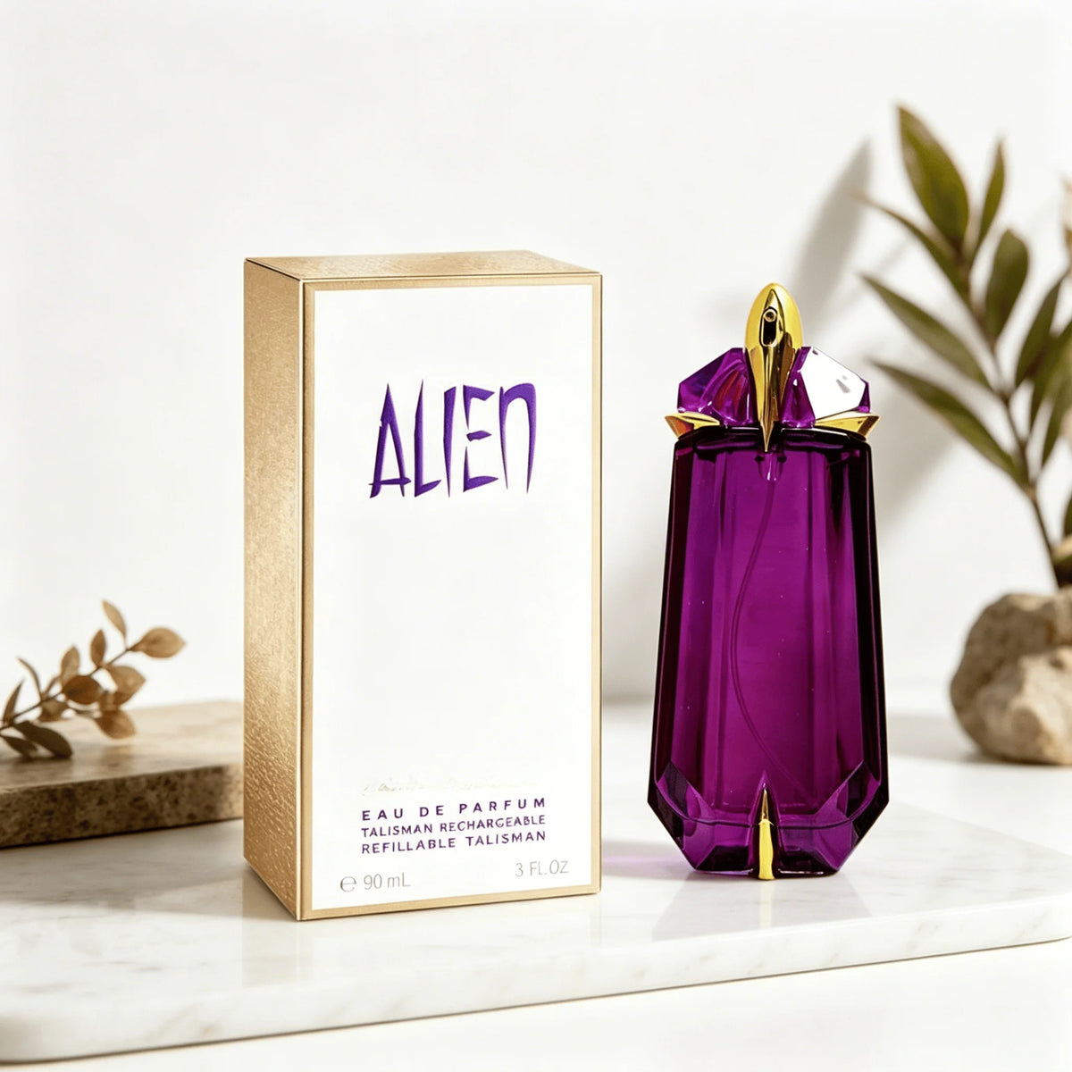 Mugler Alien Eau De Parfum 90ml bottle with rechargeable crystal cap, elegant and distinctive fragrance for women.