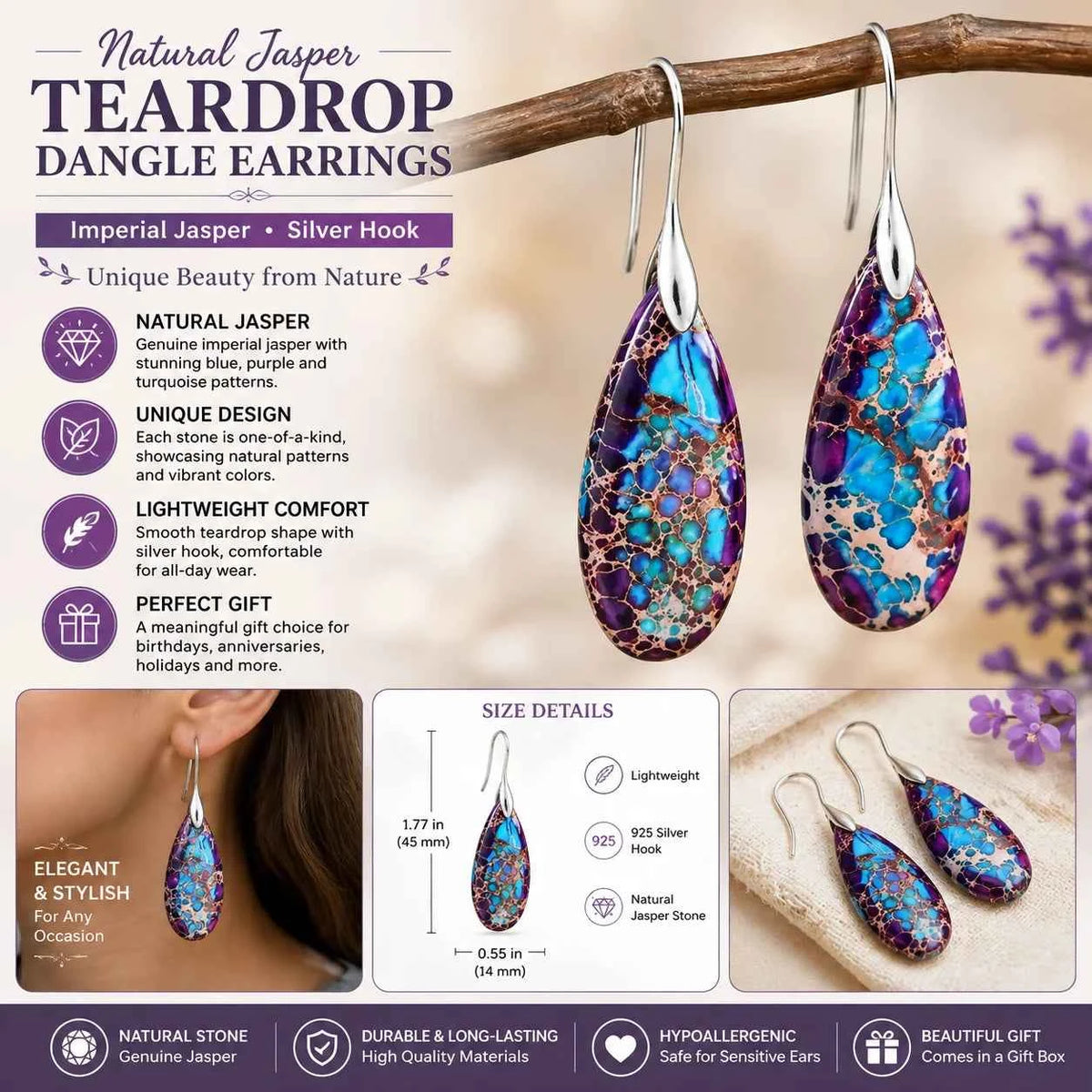 Natural jasper stone pendant earrings with teardrop-shaped design, crafted by Corporación Turística.