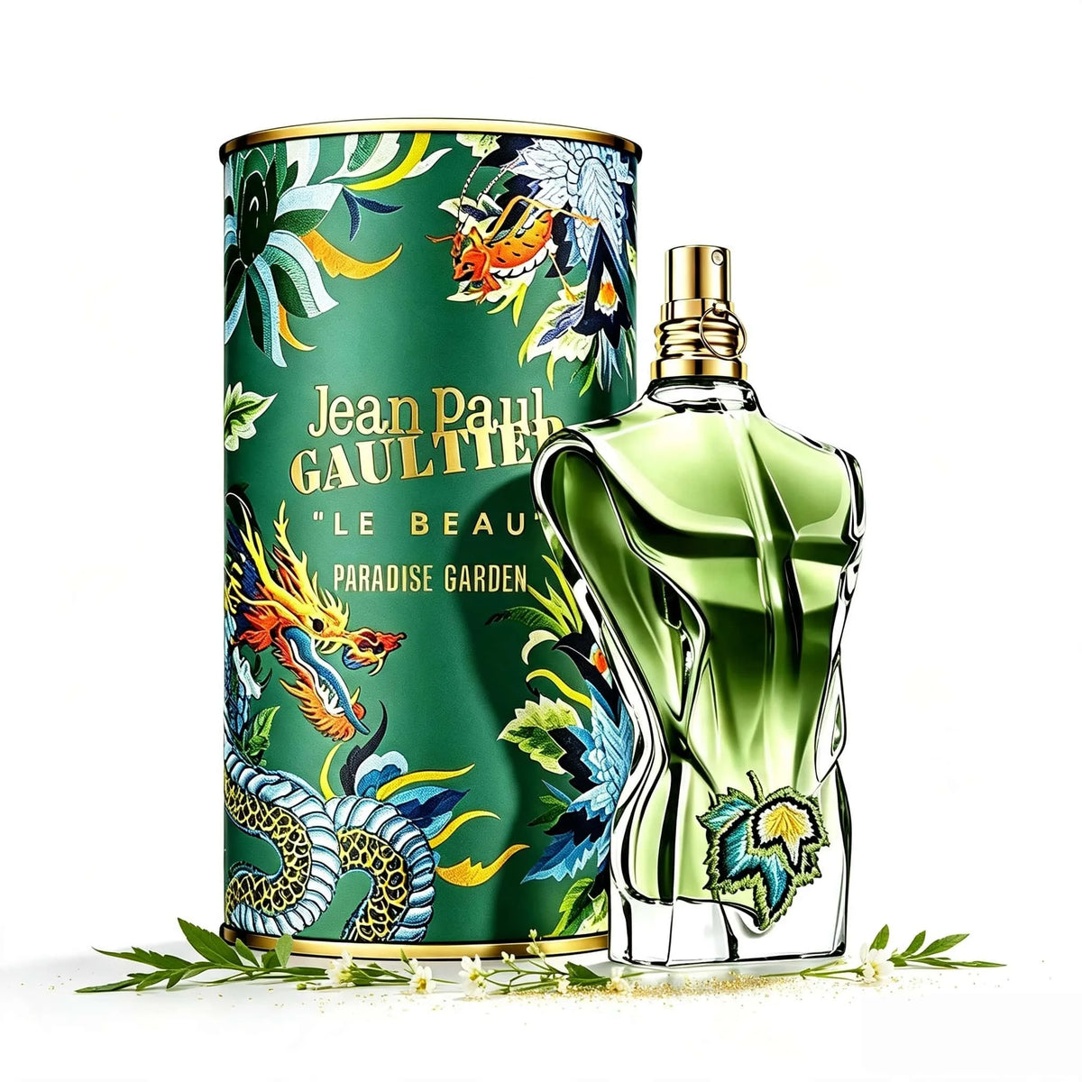 Jean Paul Gaultier Le Beau Paradise Garden perfume bottle by Corporación Turística, featuring a vibrant floral design.