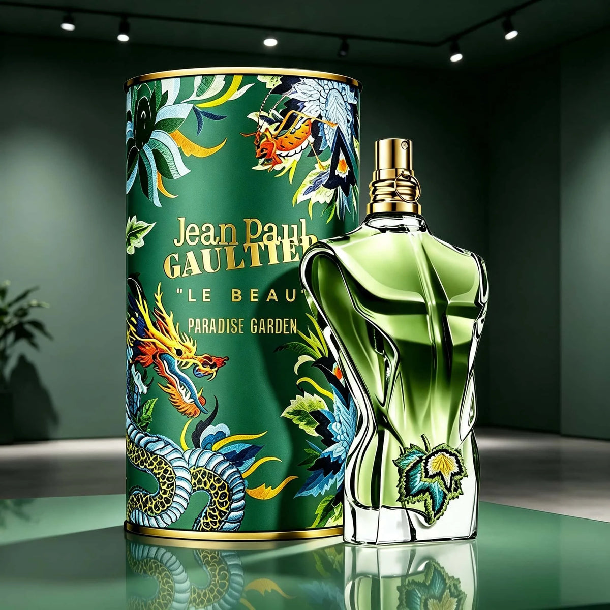 Jean Paul Gaultier Le Beau Paradise Garden perfume bottle, floral design, elegant packaging, for women.