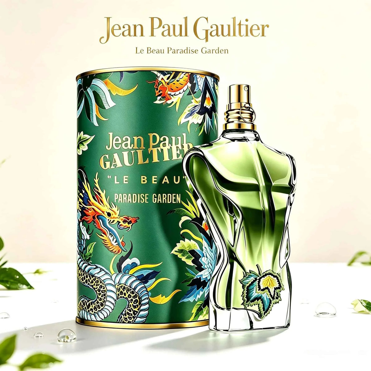 Jean Paul Gaultier Le Beau Paradise Garden perfume bottle with floral design, showcased by Corporación Turística.