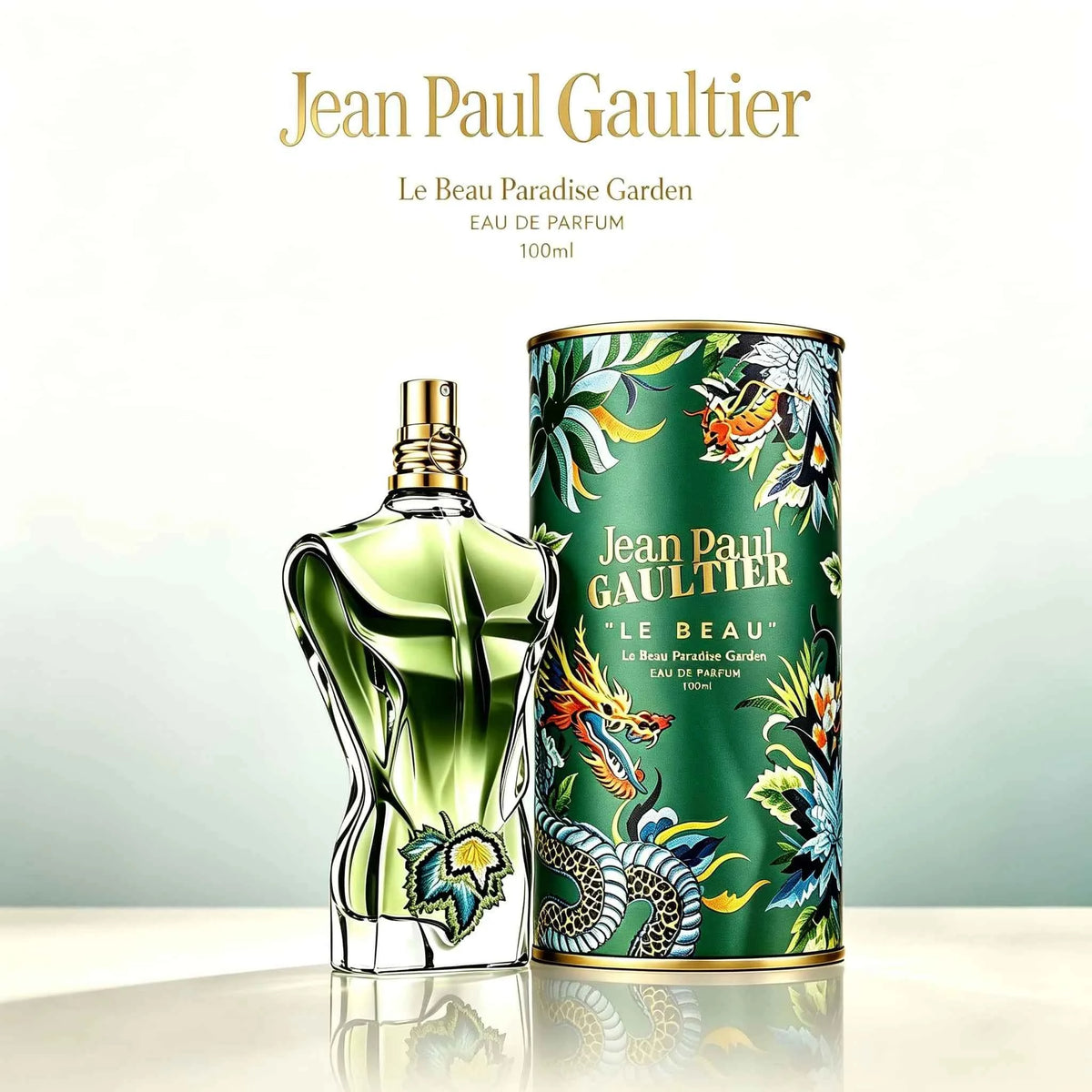 Jean Paul Gaultier Le Beau Paradise Garden perfume spray, featuring floral and fruity notes in a vibrant bottle.
