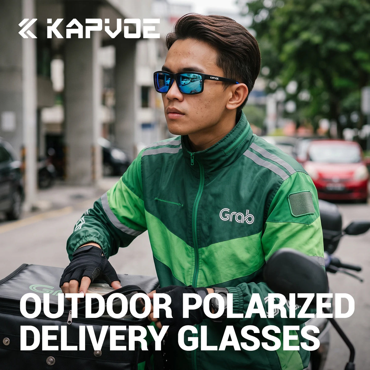 Polarized anti-reflective cycling glasses by KAPVOE, with durable frame and tinted lenses for clear vision during rides.