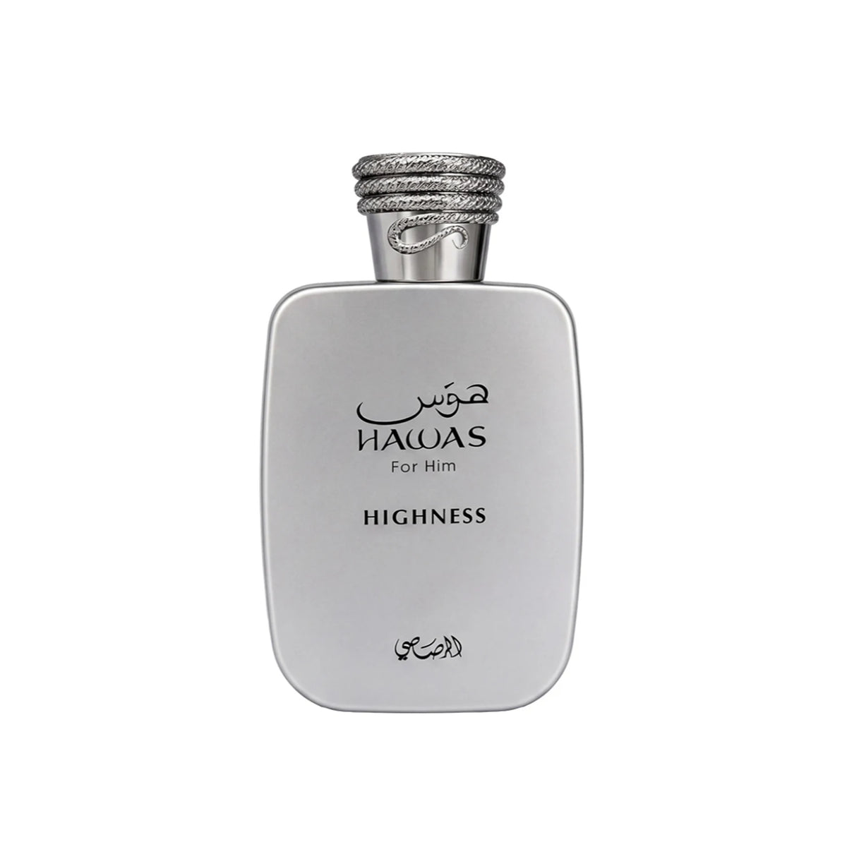 Rasasi Hawas Highness Eau de Parfum spray for men, featuring a sleek glass bottle with a silver cap and elegant design.