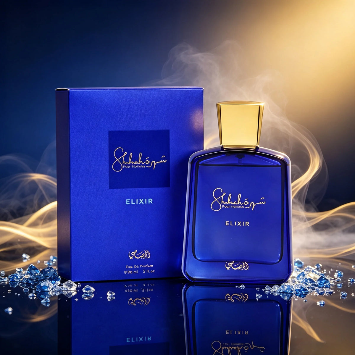 Rasasi Shuhrah Elixir Pour Homme Eau De Parfum spray 90ml, masculine fragrance bottle with sleek design, on a neutral background.