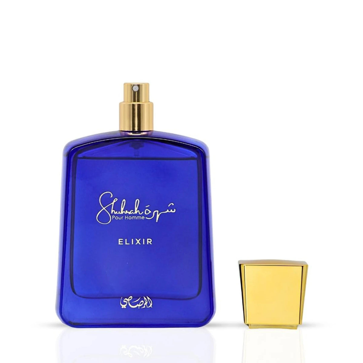 Rasasi Shuhrah Elixir Pour Homme Eau de Parfum spray 90ml, masculine fragrance bottle with elegant design.
