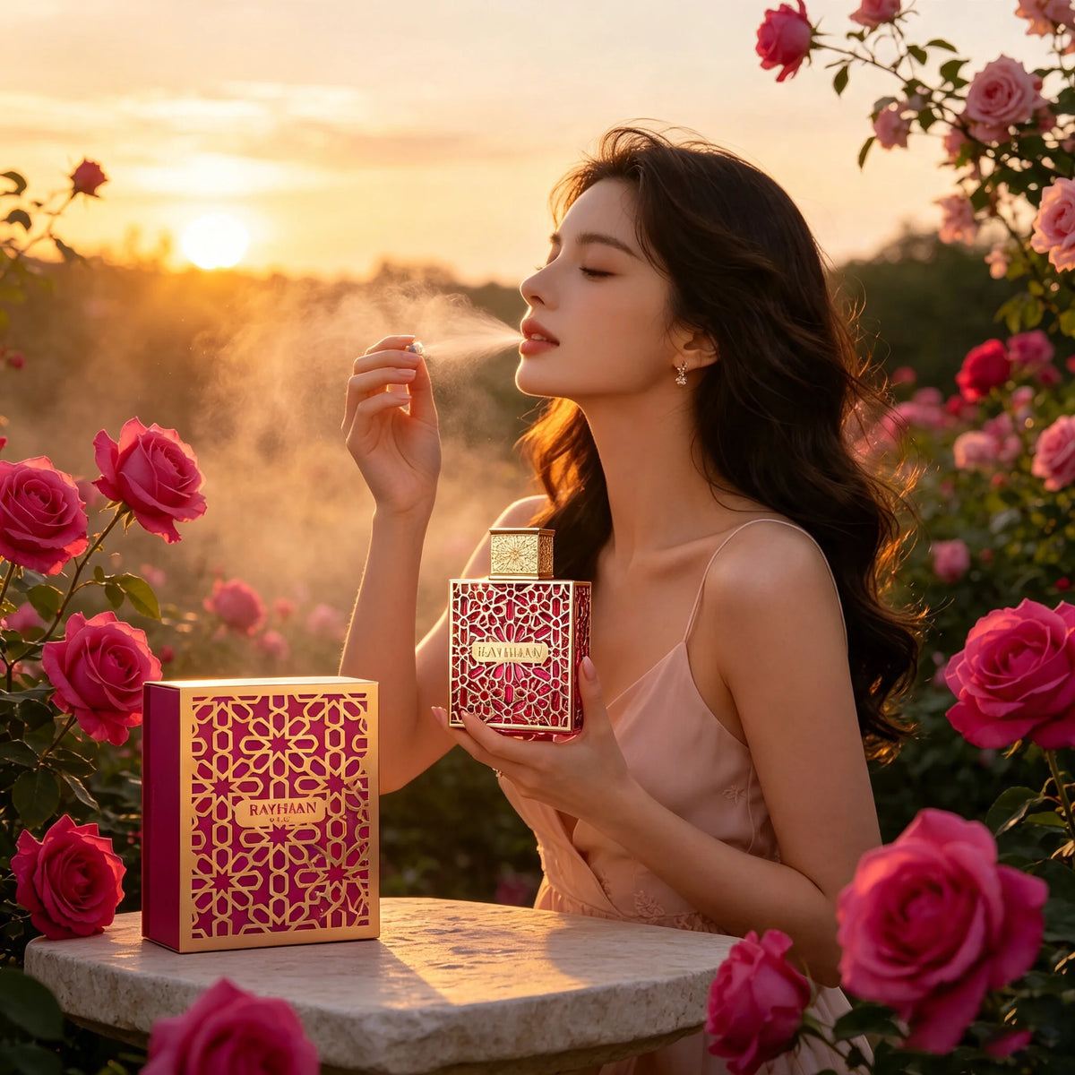 Rayhaan Kiss Eau de Parfum spray for women by Corporación Turística, featuring a sleek bottle and elegant floral scent.