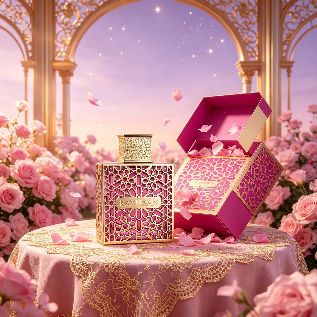 Rayhaan Kiss Eau de Parfum en spray for women by Corporación Turística, featuring a sleek bottle with a floral and aromatic design.