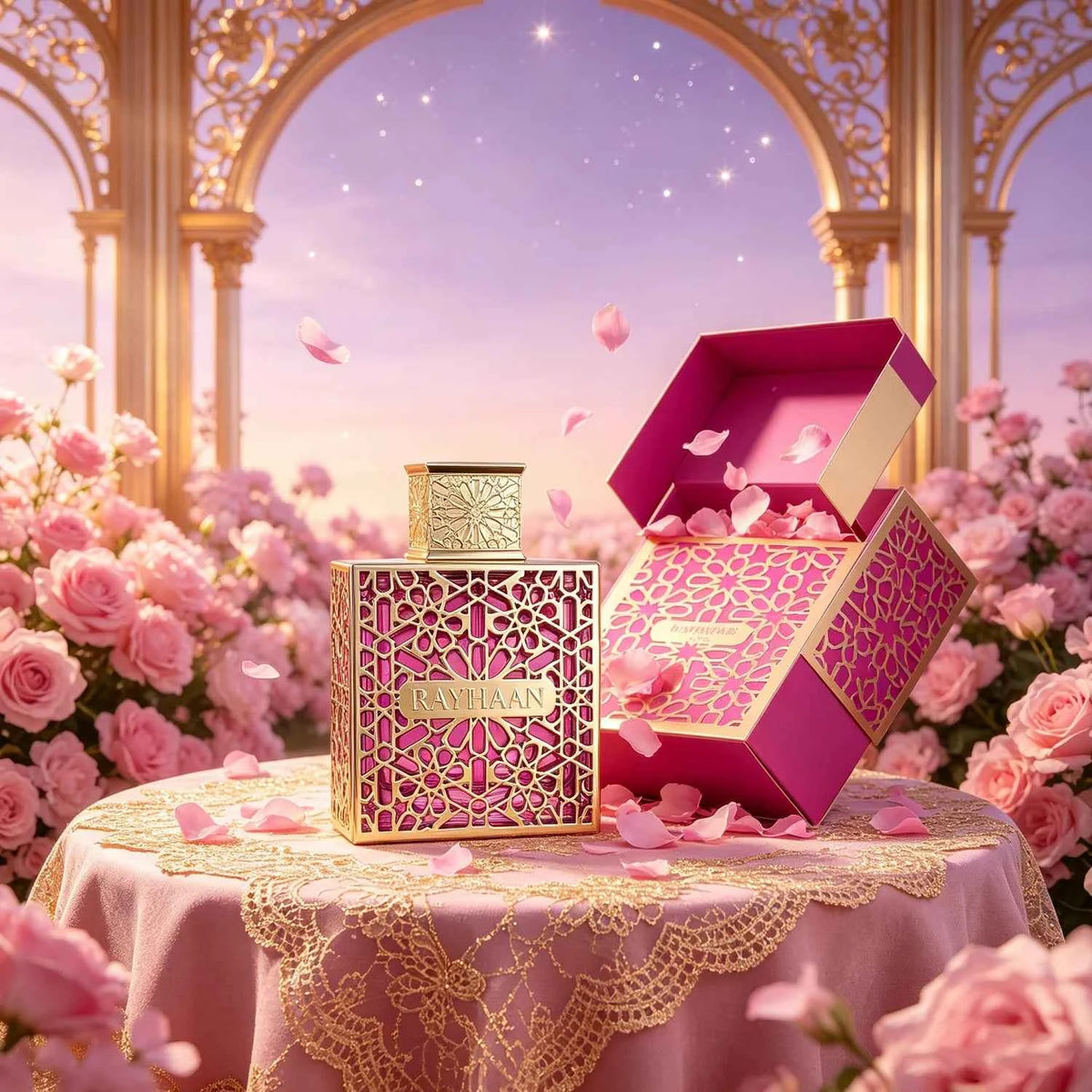 Rayhaan Kiss Eau de Parfum spray for women by Corporación Turística, featuring a sleek bottle and floral fragrance design.