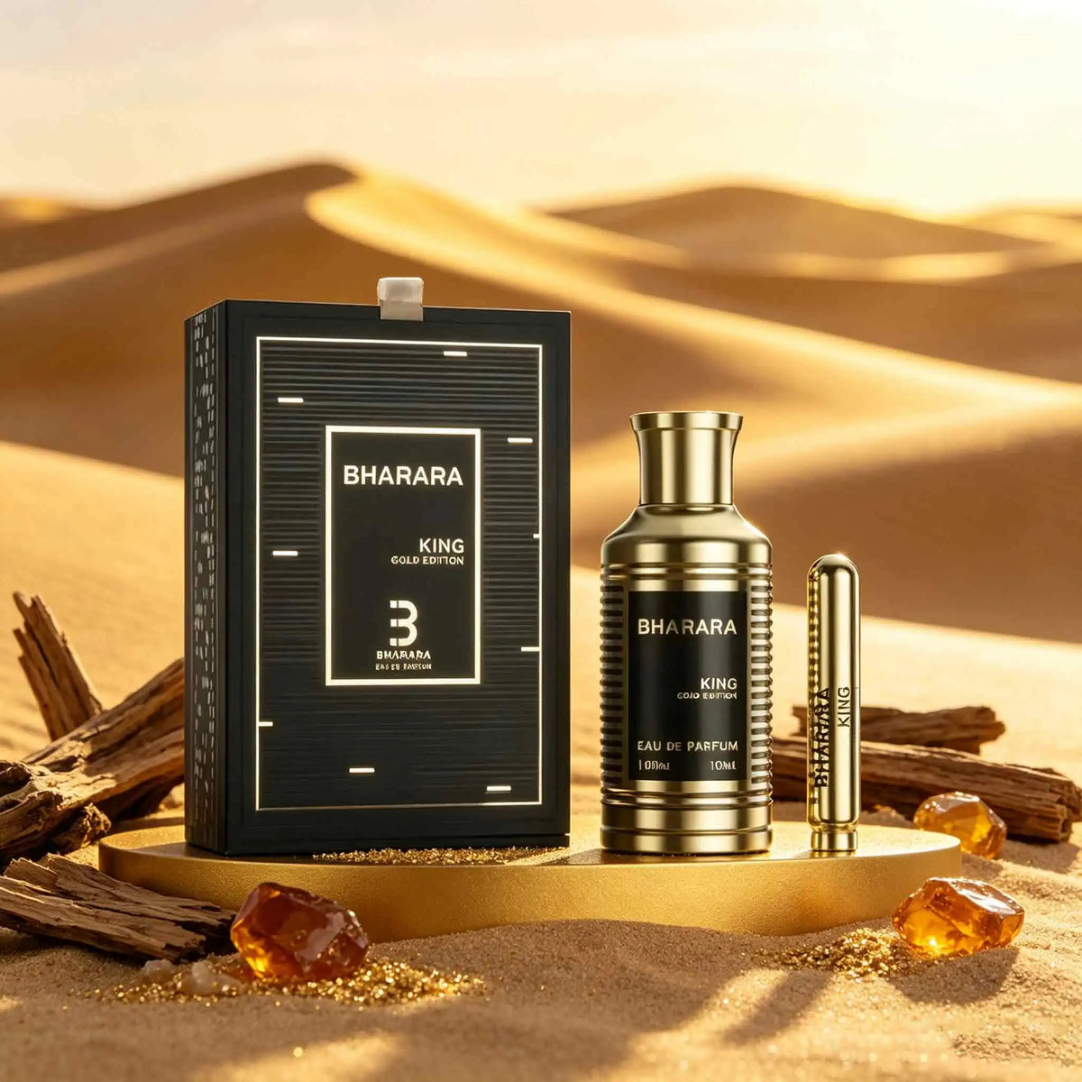 Set de Eau de Parfum Bharara King Gold Edition para hombres, featuring elegant bottles with gold accents and sophisticated packaging.