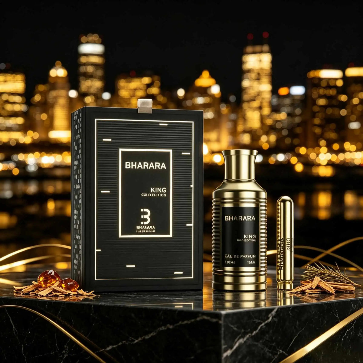 Set de Eau de Parfum Bharara King Gold Edition para hombres, featuring the bottle and packaging design.
