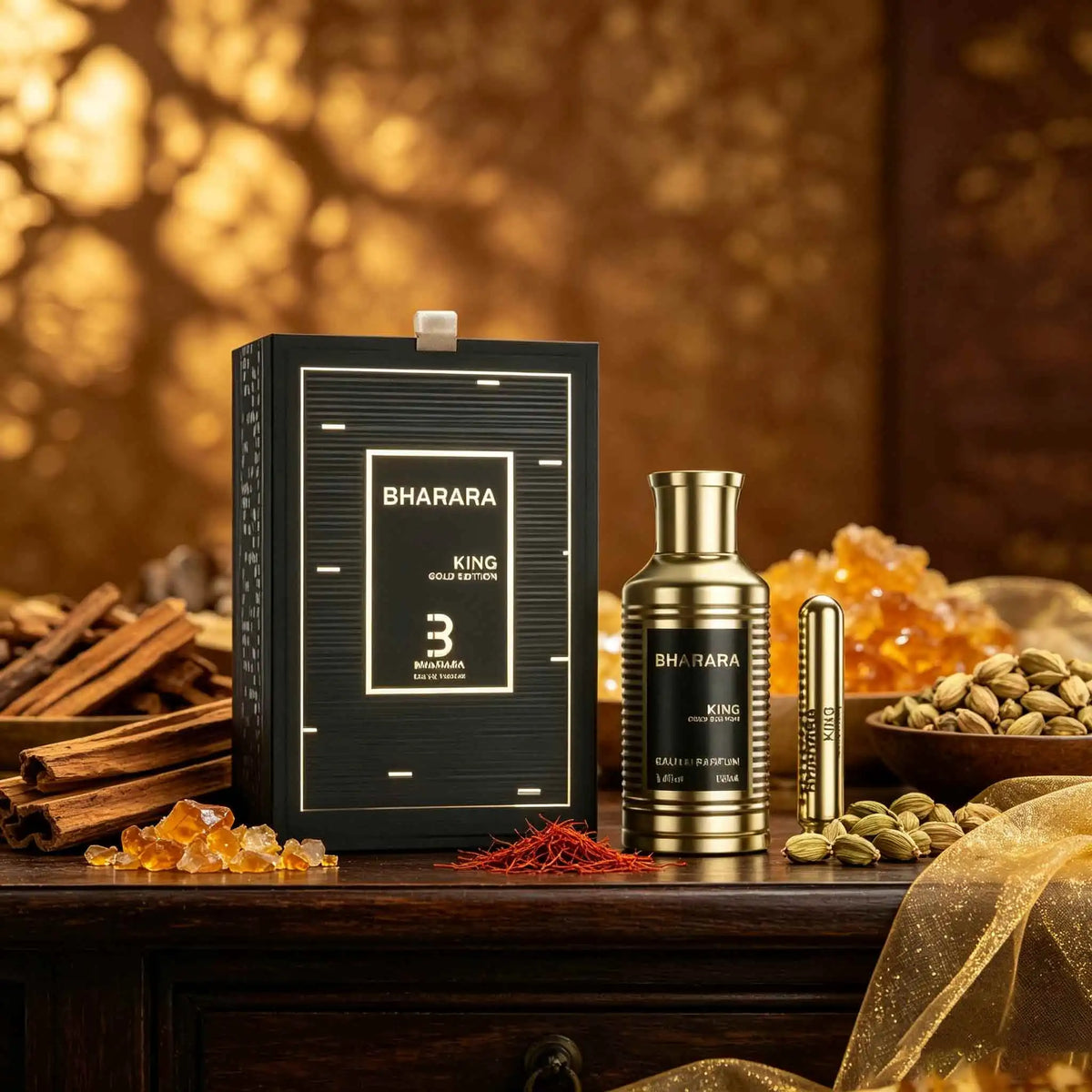 Set de Eau de Parfum Bharara King Gold Edition para hombres, featuring a sleek gold bottle with elegant branding.