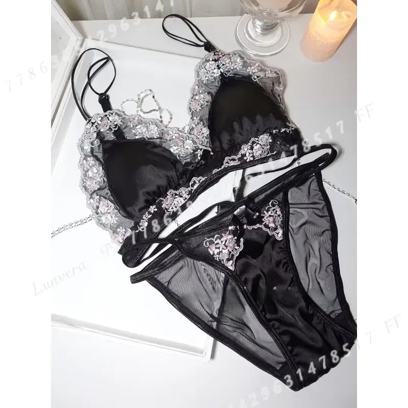 Elegant black silk lace lingerie set featuring delicate lace details and lightweight design, perfect for a luxurious intimate look.