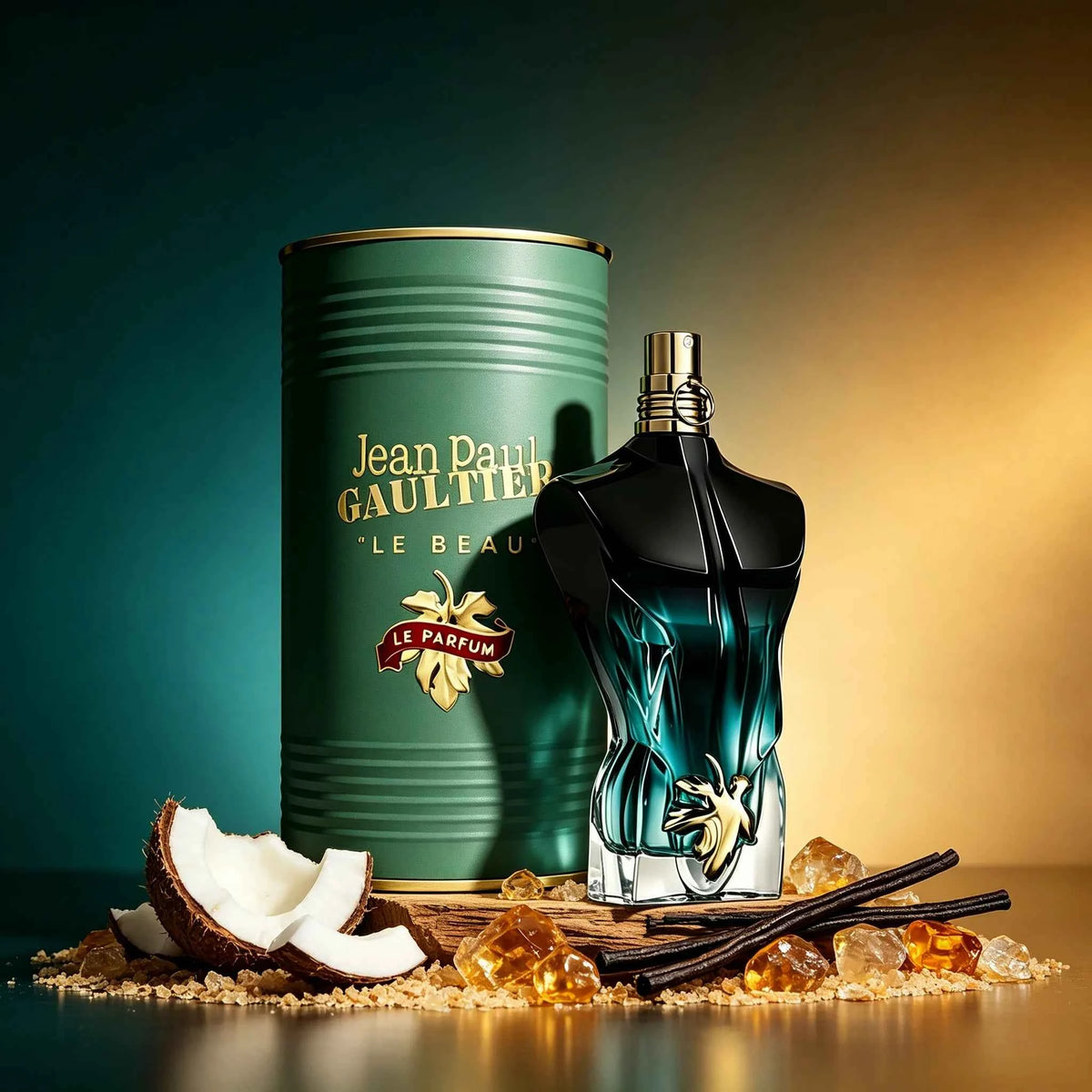 Jean Paul Gaultier Le Beau Le Parfum Intense men's fragrance bottle with green accents, showcasing sleek design and branding.