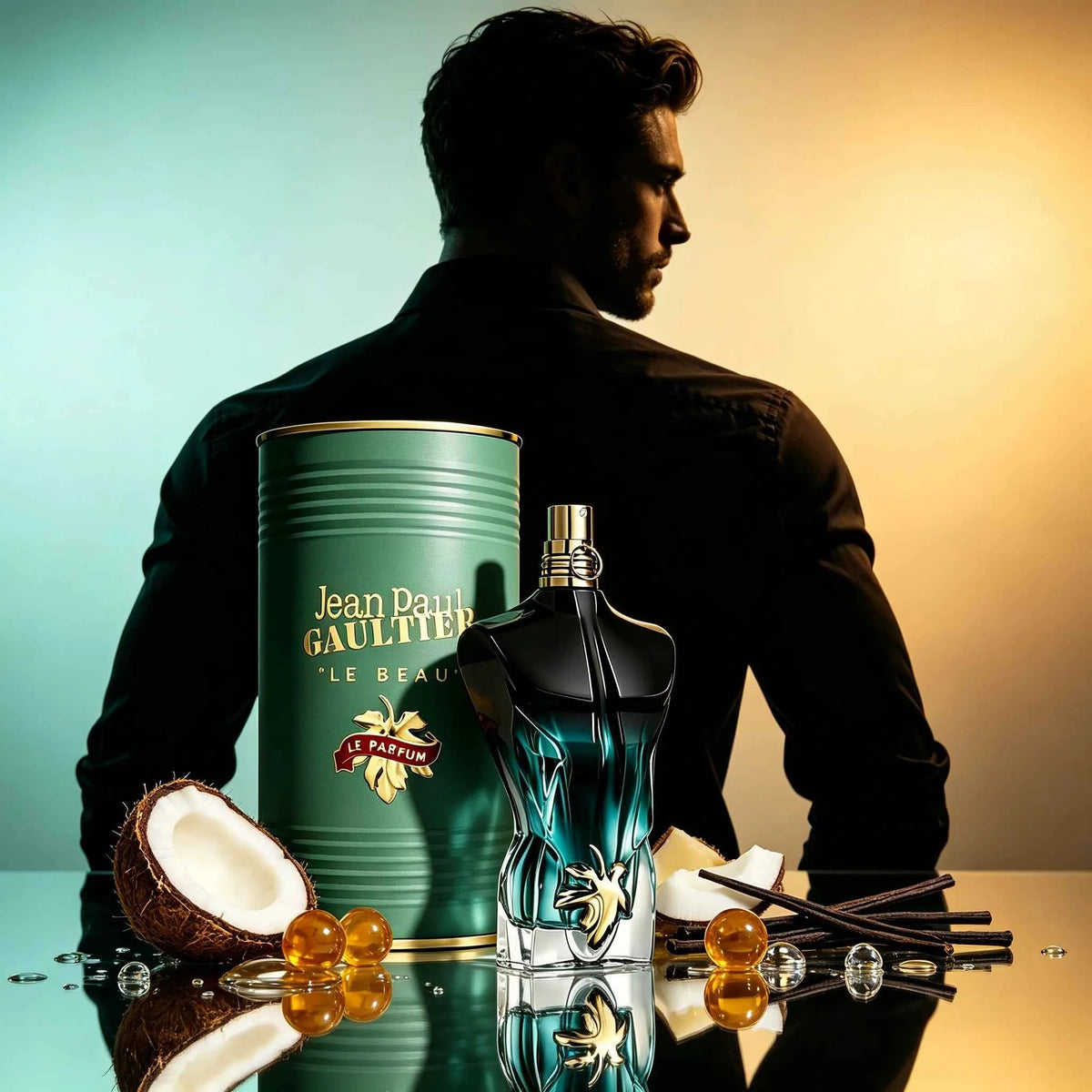 Jean Paul Gaultier Le Beau Le Parfum Intense for Men bottle with green accents, showcasing the stylish fragrance design.